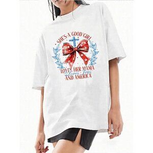 Casual Retro "Good Girl, Love Mom, Love Country" Bow & Wheat Graphic Cute TShirt